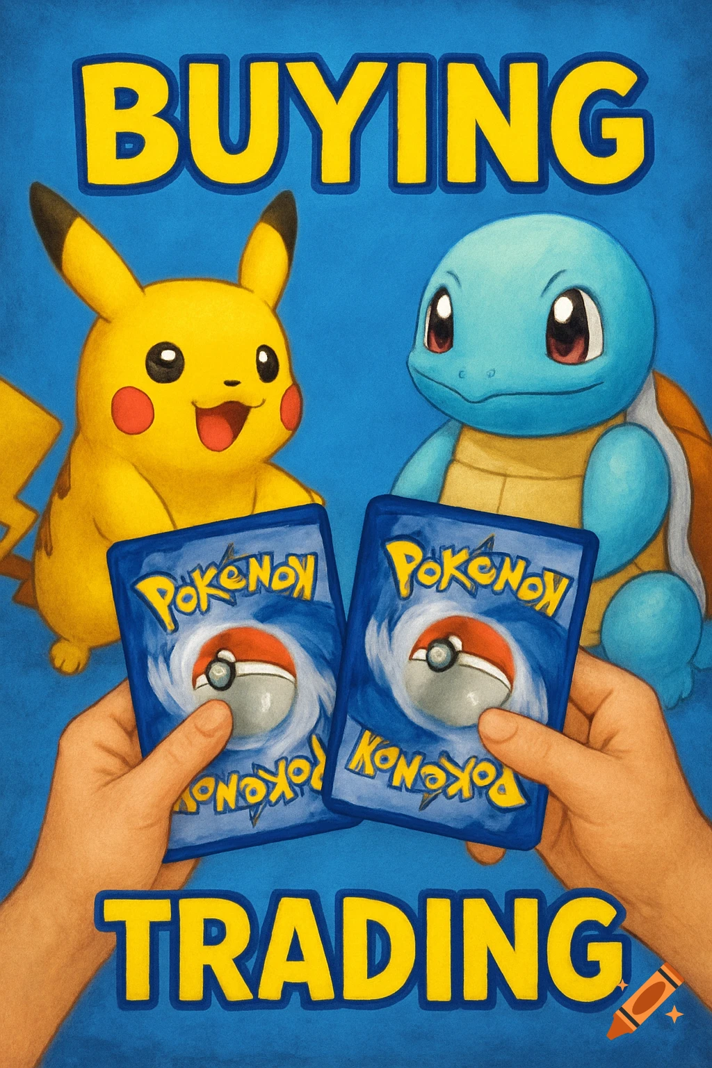 Pikachu and Squirtle above hands holding two Pokemon trading cards. Yellow text reads "BUYING" at the top and "TRADING" at the bottom on a blue background.