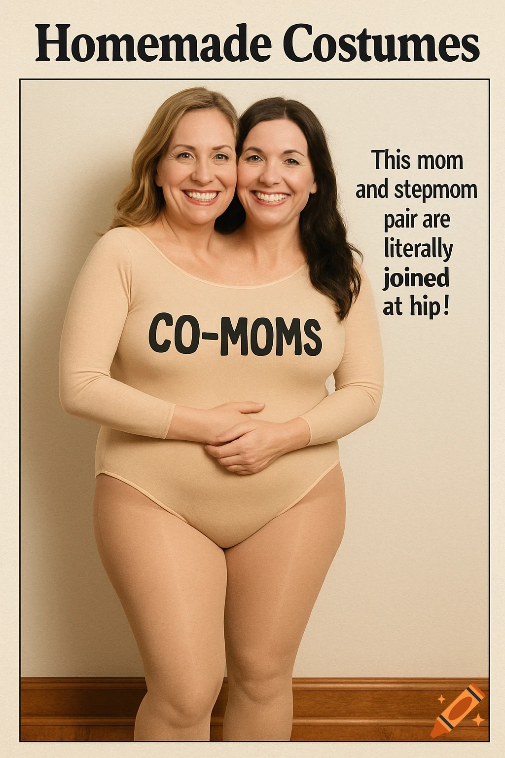 Two women smiling, dressed in a single beige bodysuit and tights to create a conjoined 'Co-Moms' costume for 'Homemade Costumes' magazine. Photorealistic style.