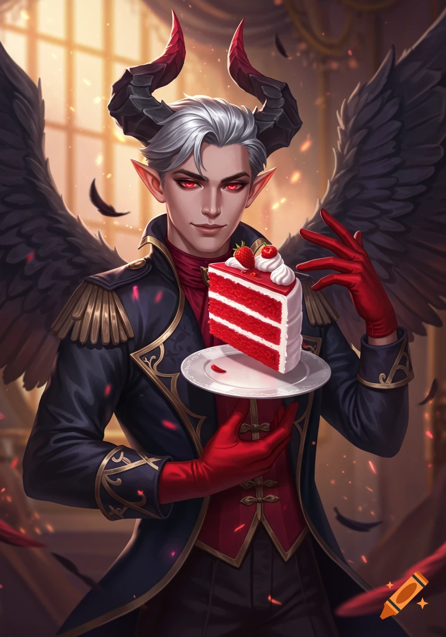 A handsome fantasy character with silver hair, red eyes, black horns, and black wings, wearing a black and red ornate suit, holding a slice of red velvet cake on a plate. The background is a glowing ballroom.