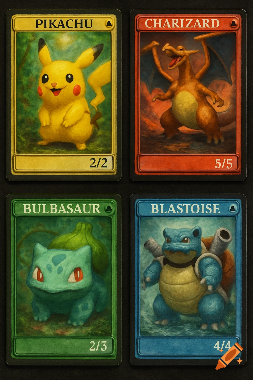 Four painterly Pokemon trading cards, featuring Pikachu, Charizard, Bulbasaur, and Blastoise, arranged on a dark background.