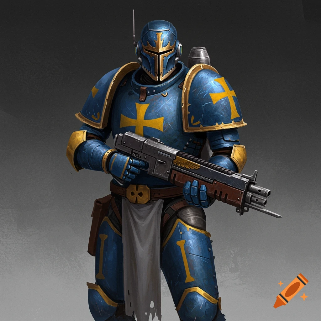 A sci-fi space crusader knight in blue and gold armor with yellow crosses, holding a large rifle with a bayonet.