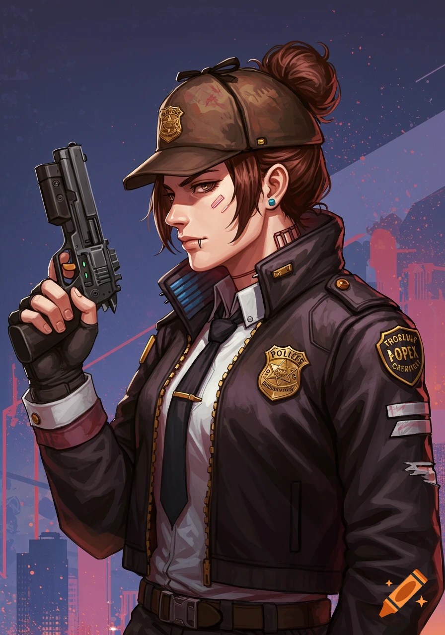 A cyberpunk anime police officer with brown hair in a messy bun, wearing a detective hat and a black jacket, holding a futuristic gun.