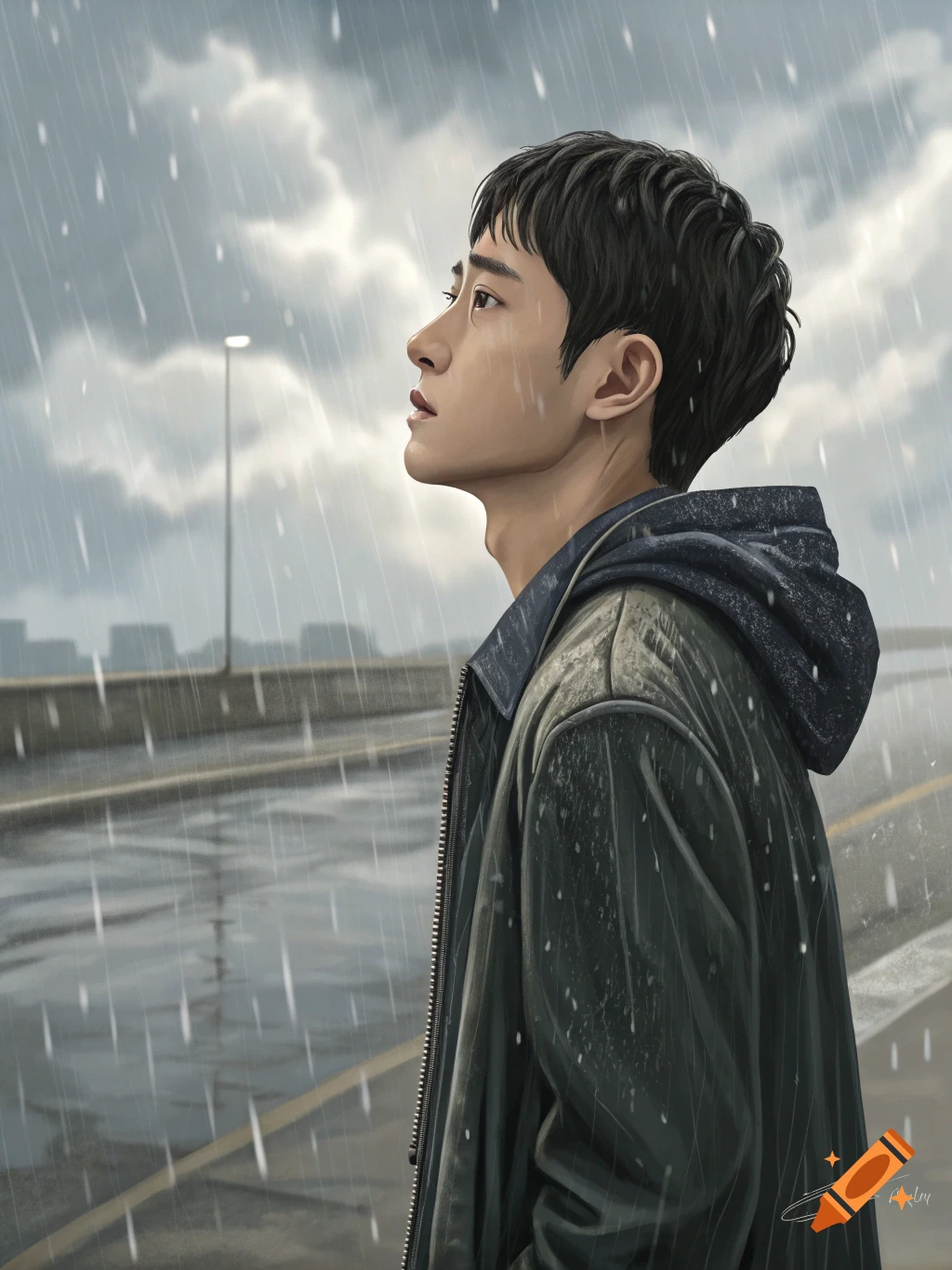Digital painting of a man standing on a wet road in the rain, looking up at the sky.