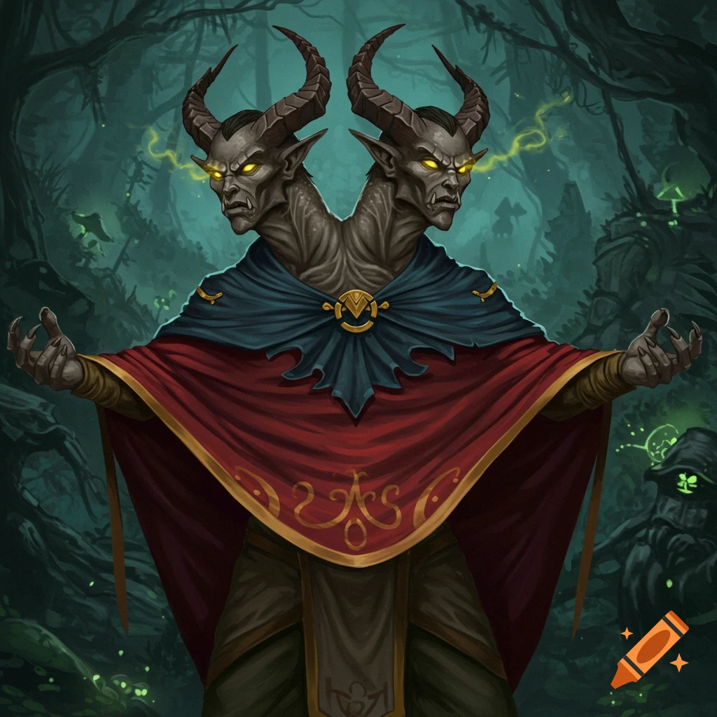 A two-headed ettin with glowing eyes wears a red and blue cloak in a dark, eerie forest.