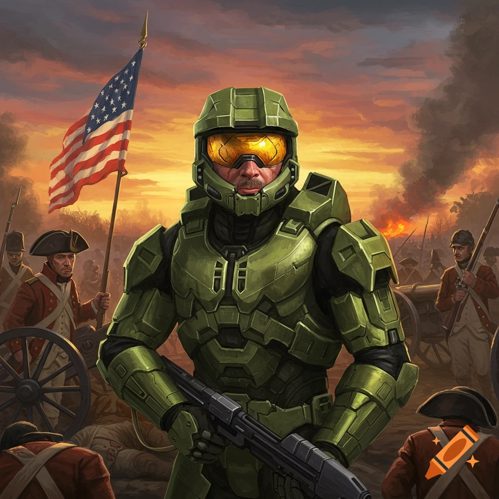 Master Chief in green armor stands on a chaotic American Revolution battlefield with musketeers, cannon, and an American flag at sunset.
