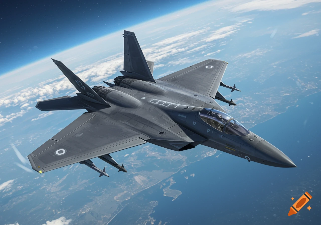 A dark gray fighter jet with swept wings flies high above Earth, with clouds and land visible below.