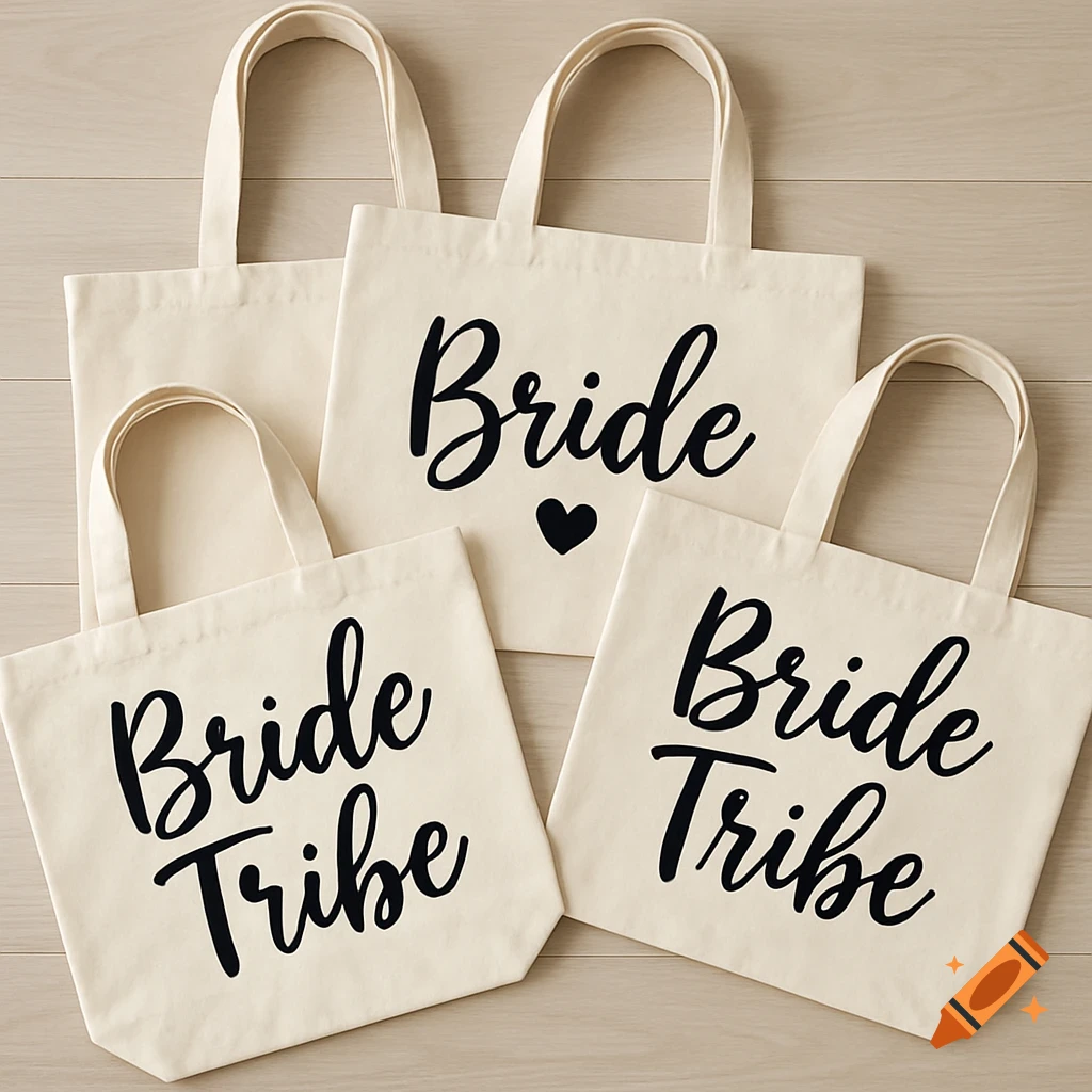 Cream canvas tote bags with black script 'Bride' and 'Bride Tribe' text on a light wood surface.