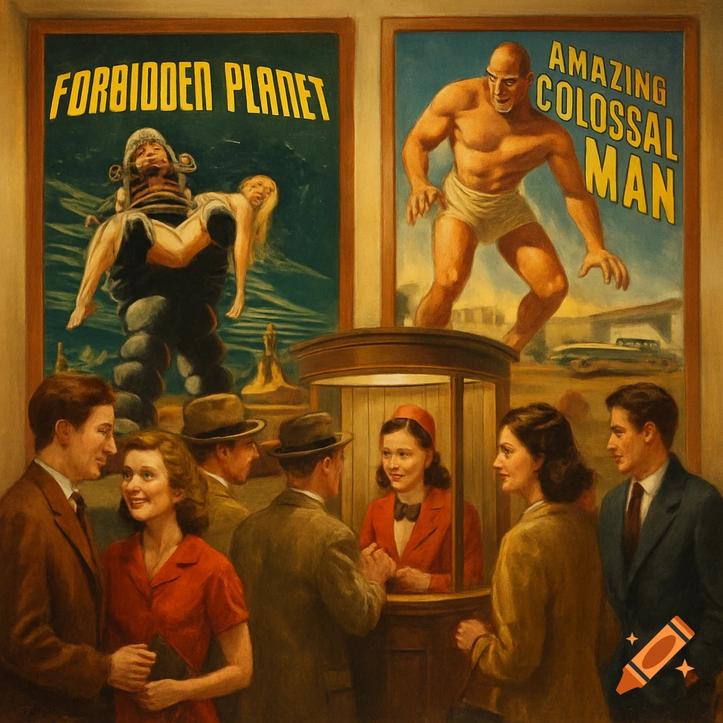People in a 1950s theatre lobby with vintage movie posters for 'Forbidden Planet' and 'Amazing Colossal Man' on the wall.