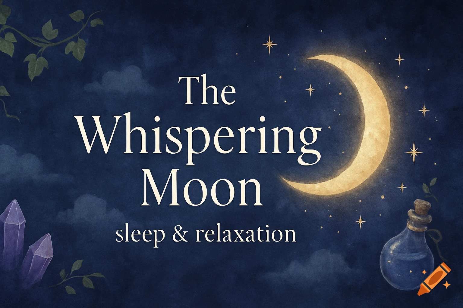 Dreamy watercolor night scene with a glowing crescent moon, stars, crystals, and potion bottle. Text reads 'The Whispering Moon sleep & relaxation'.