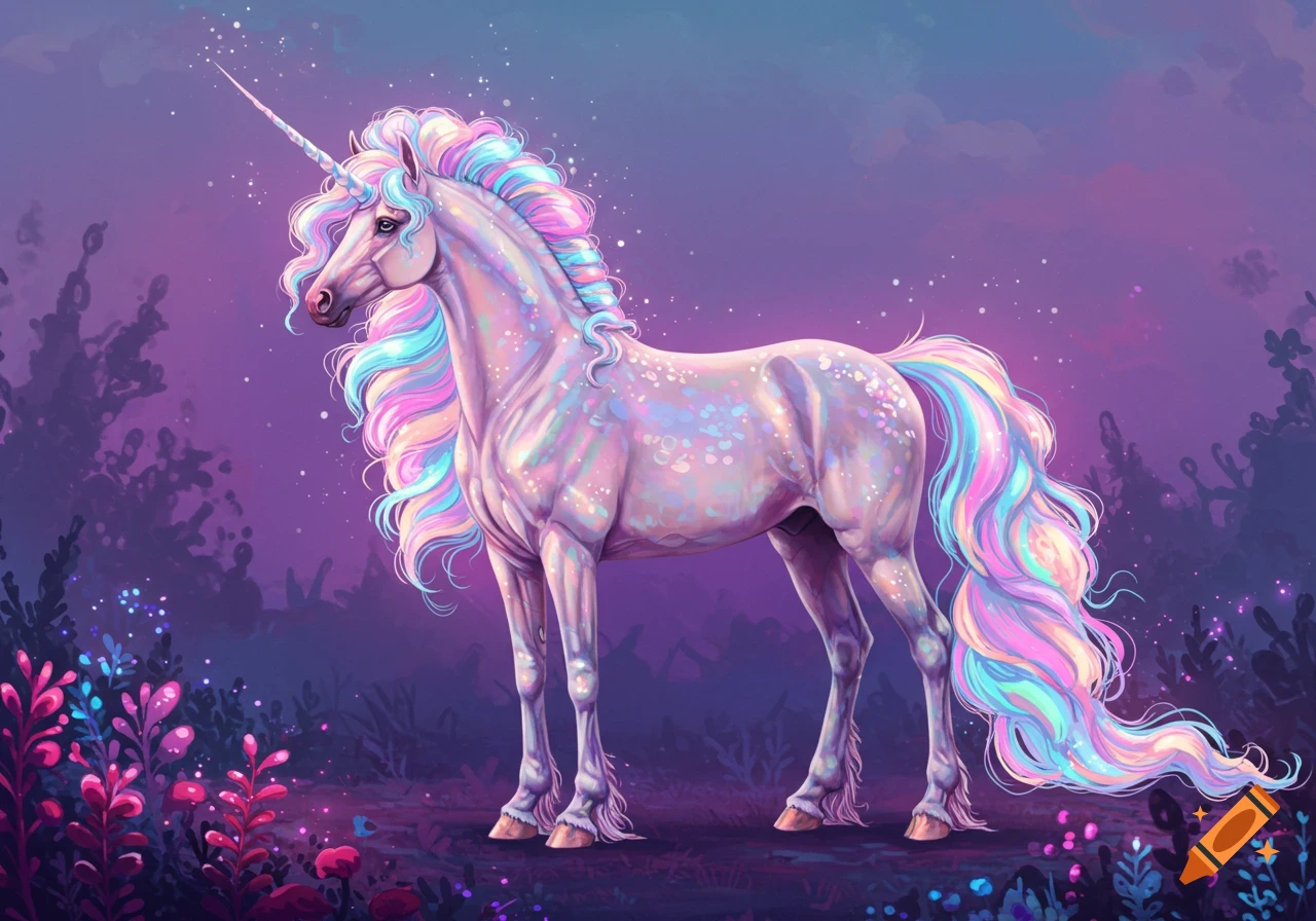 An iridescent unicorn with a flowing rainbow mane and tail stands in a mystical purple forest with glowing plants.