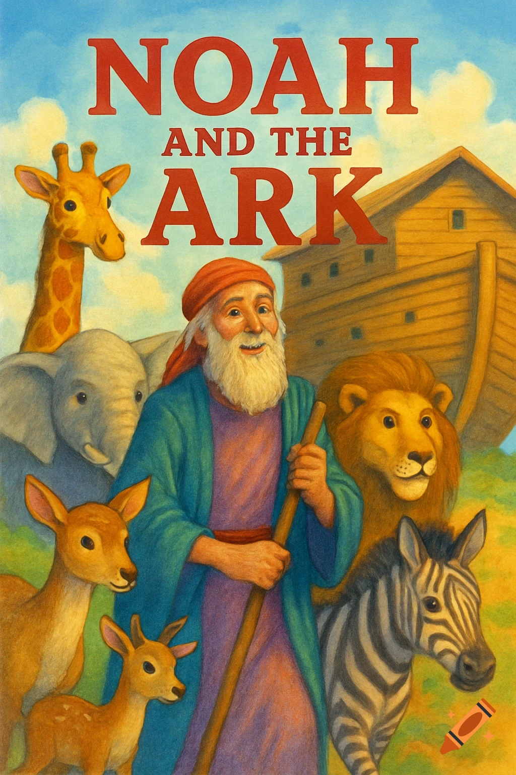 Illustration of Noah and various animals (giraffe, elephant, deer, lion, zebra) standing in front of Noah's Ark under a blue sky, with the title 'NOAH AND THE ARK'.