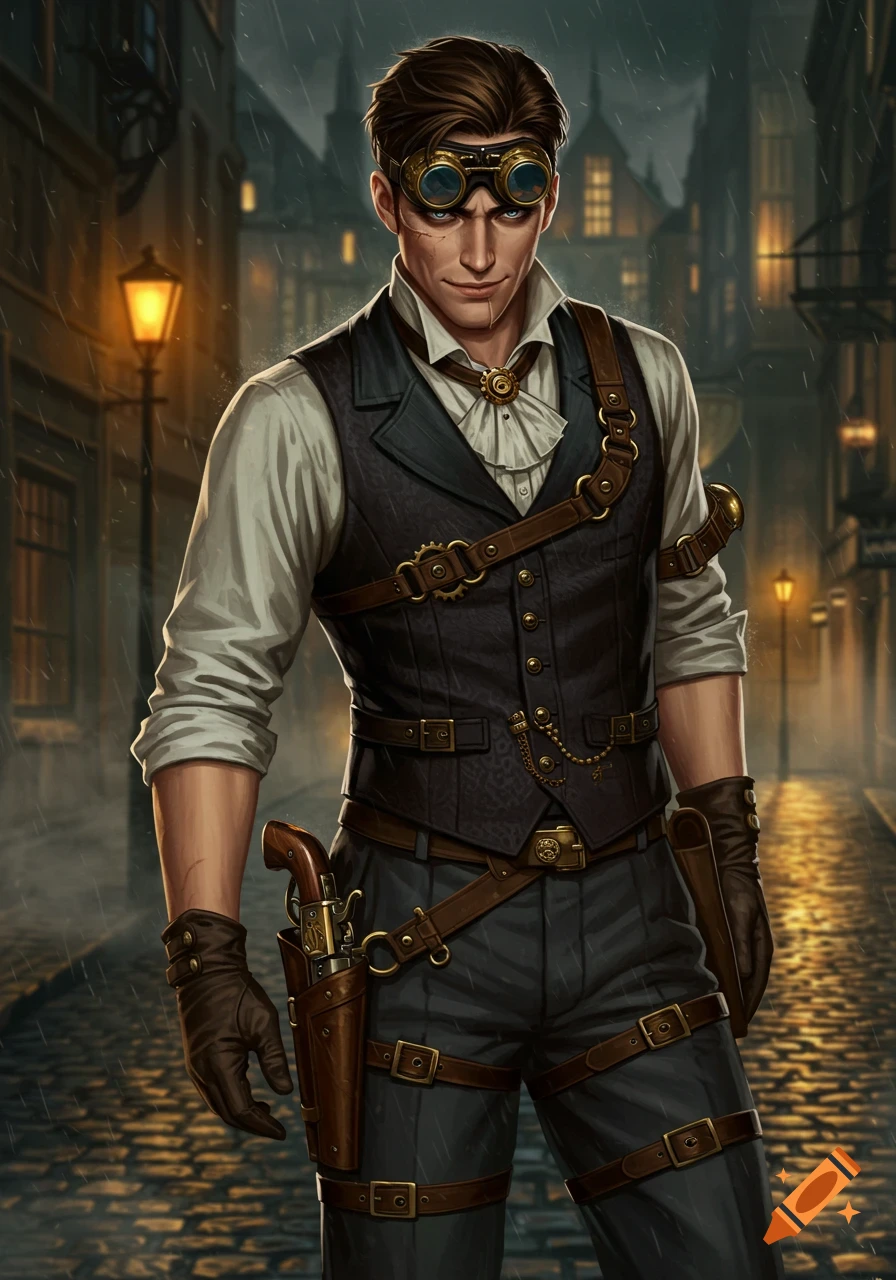 A young man in a detailed steampunk outfit with goggles and a holstered pistol stands on a rainy cobblestone street at night.