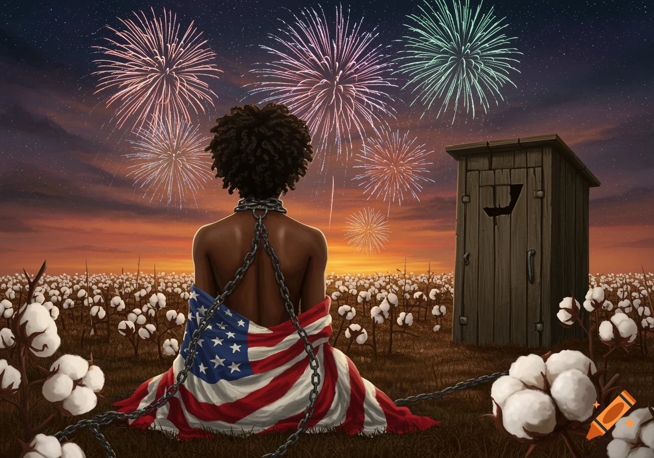 Back of a chained person wrapped in a tattered US flag watching fireworks over a cotton field and an outhouse at sunset, illustration.
