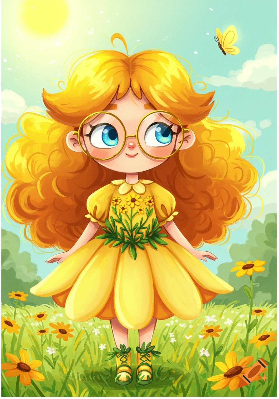 Vibrant illustration of a girl with yellow curly hair and glasses in a yellow flower dress, standing in a sunny field with sunflowers and a butterfly.