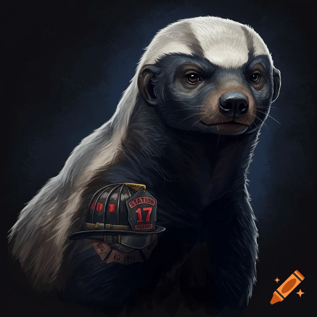 Digital illustration of a honey badger with black fur and a white stripe, wearing a black firefighter helmet with 'STATION 17'.
