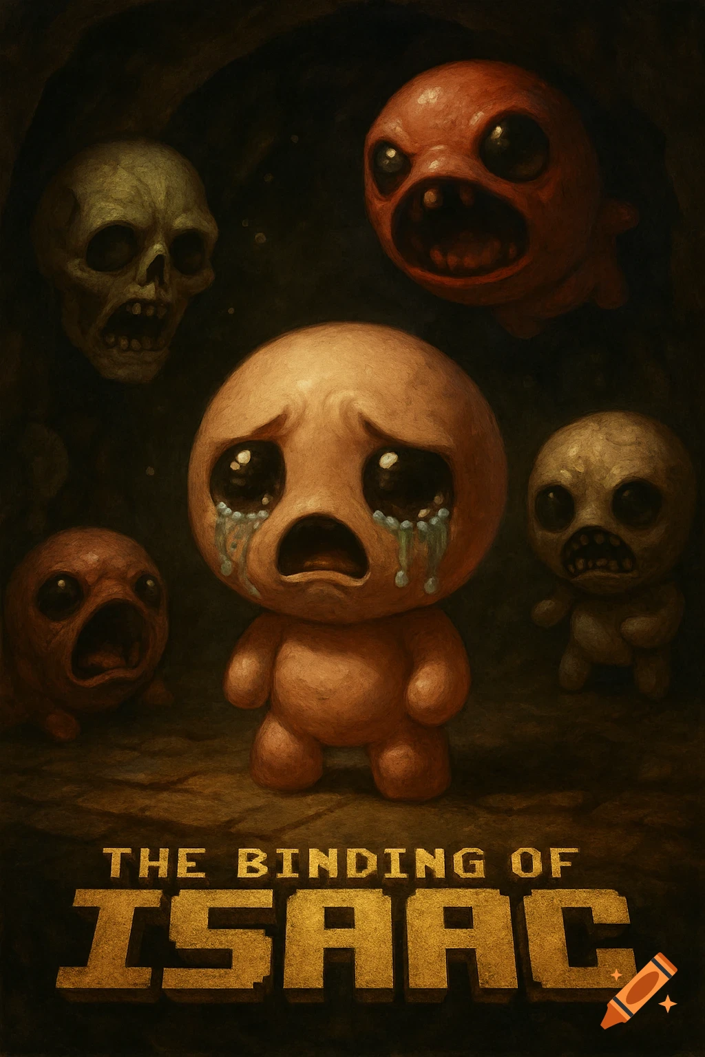A sad, crying character in the center with large eyes, surrounded by several grotesque, monstrous figures and a skull, with "THE BINDING OF ISAAC" text at the bottom, in a dark, painterly style.