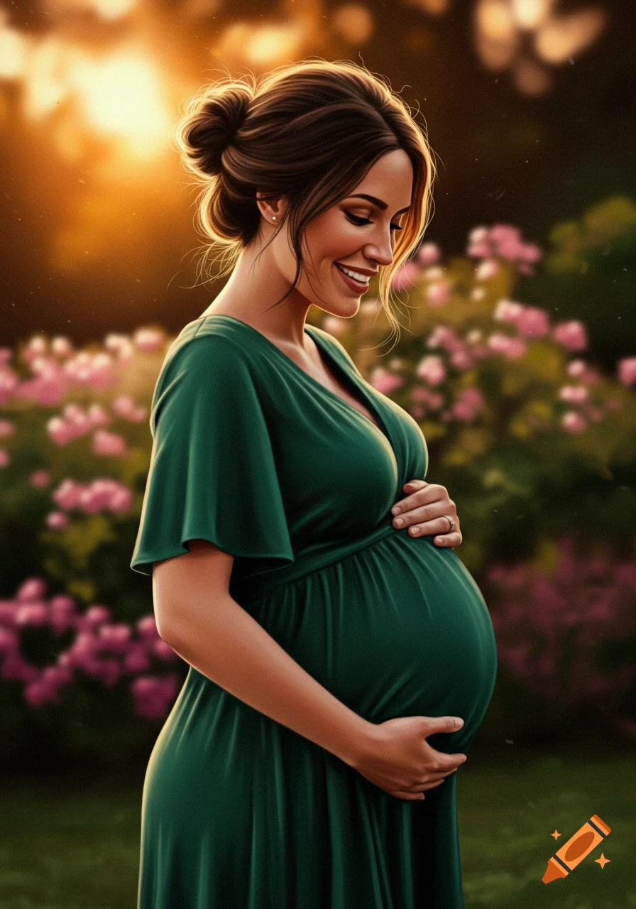 Photorealistic portrait of a smiling pregnant woman in a green dress, holding her belly, outdoors at sunset among blurred pink flowers.