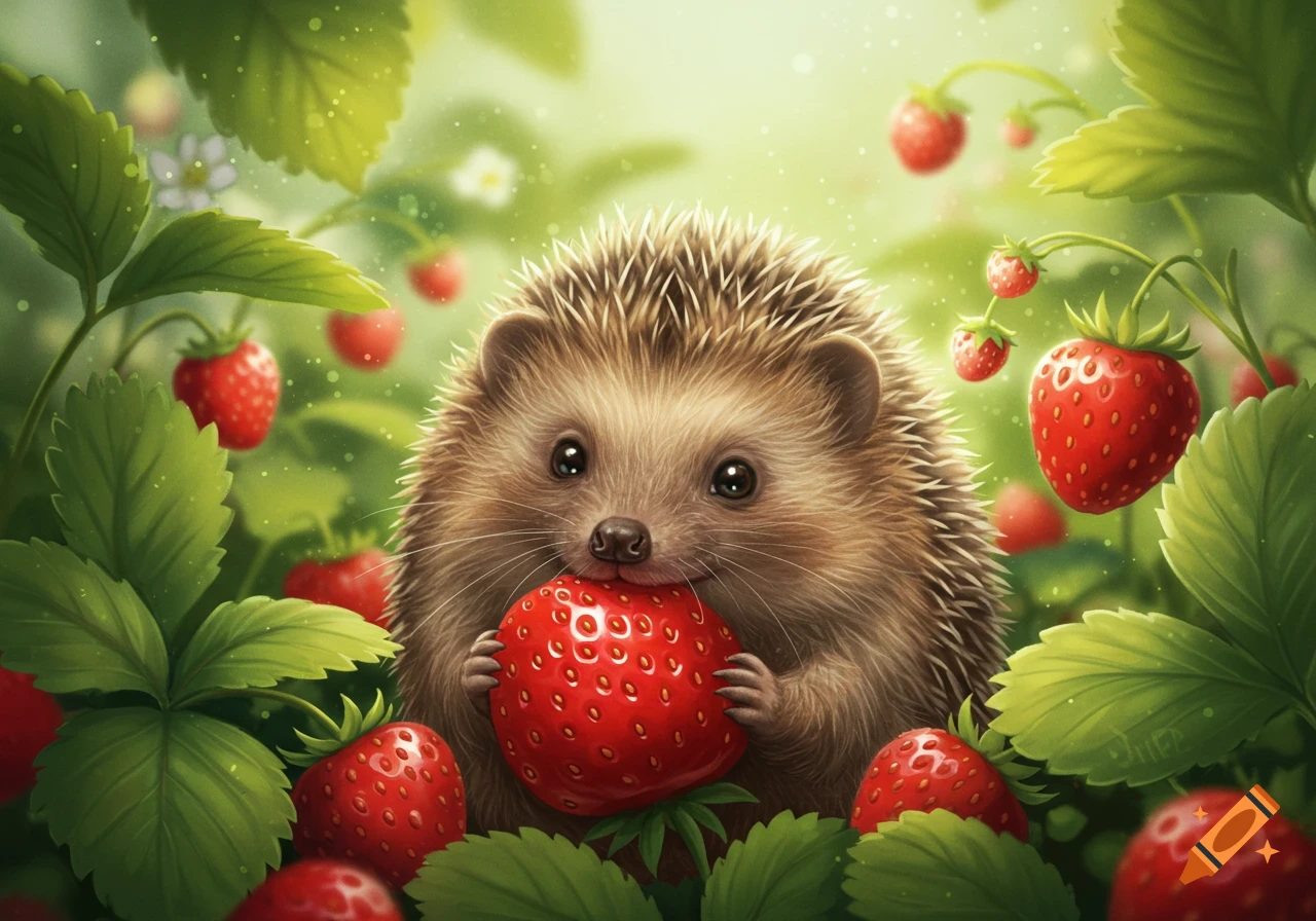 An adorable hedgehog holds a large red strawberry in a vibrant field among green leaves and many other ripe strawberries.