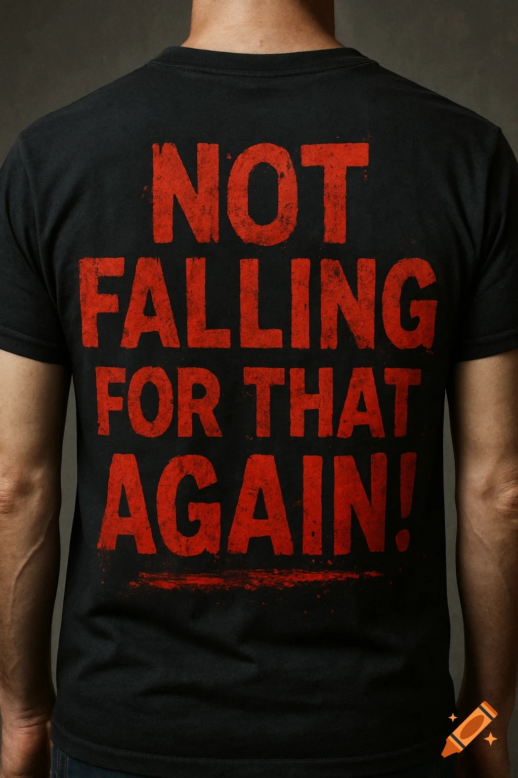 The back of a person wearing a black t-shirt with red, distressed text that reads 'NOT FALLING FOR THAT AGAIN!'
