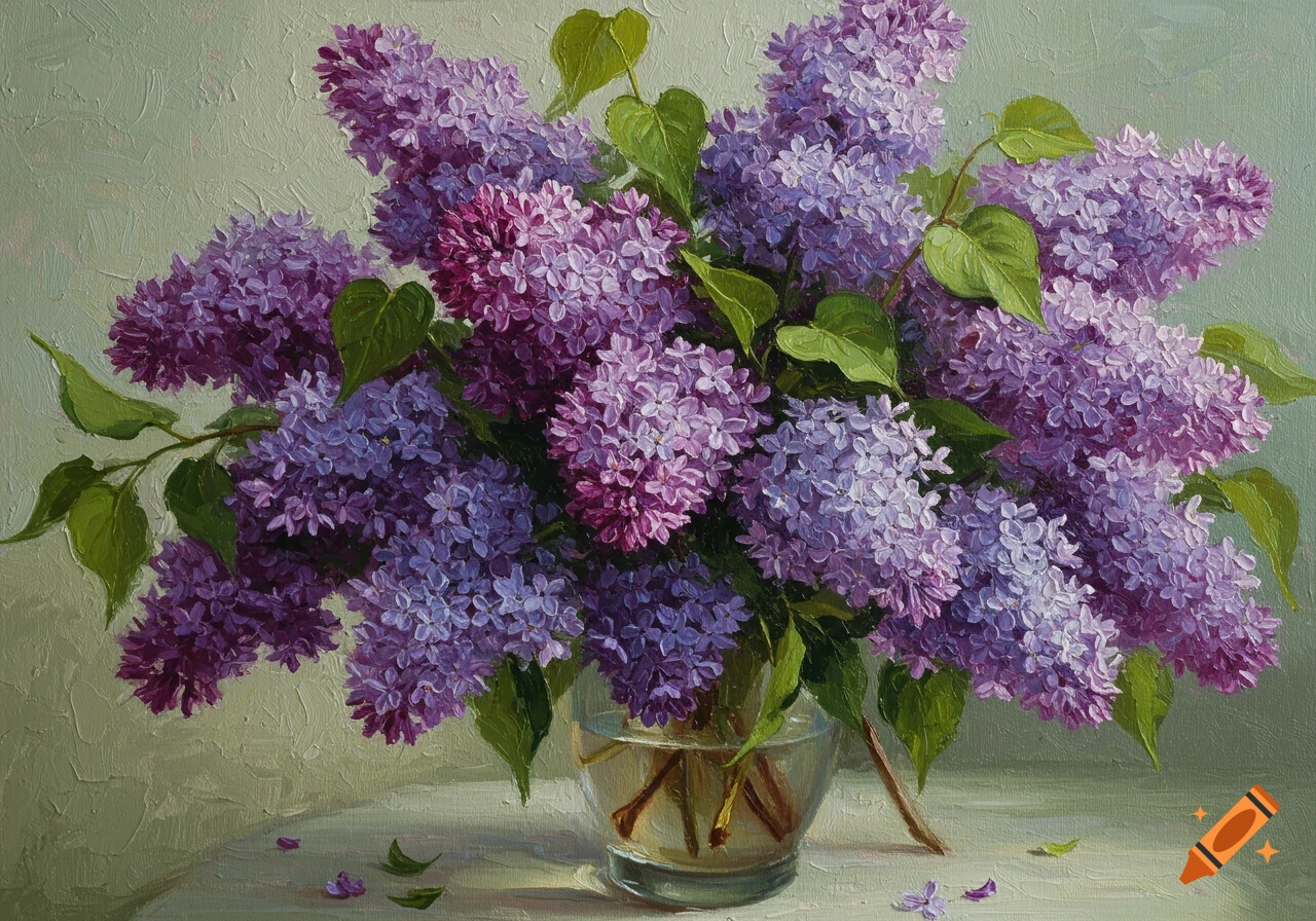 Vibrant oil painting of a lush bouquet of purple lilacs in a clear ...