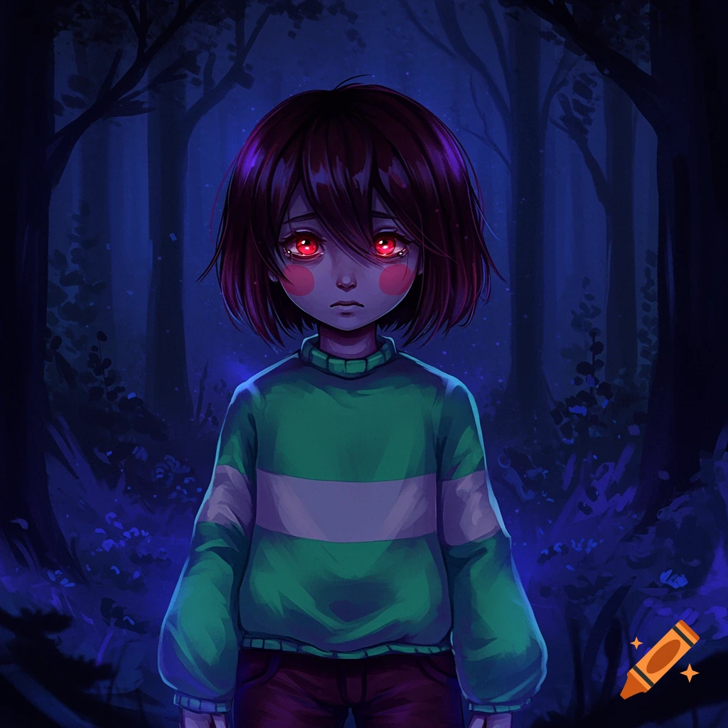 Digital illustration of Chara from Undertale, a child-like character with red eyes and red cheeks, wearing a striped sweater, standing in a dark, blue-toned forest.