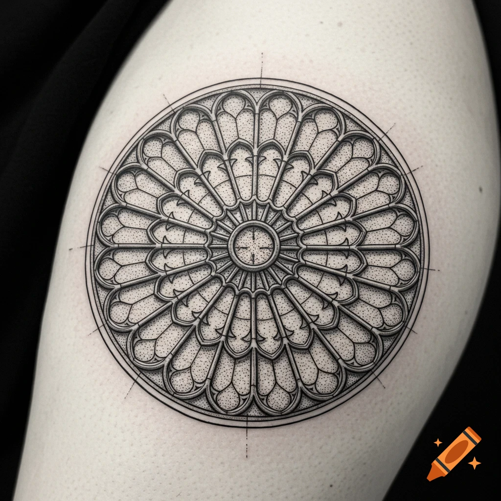 Intricate black ink Gothic rose window tattoo on an arm with dot work shading.