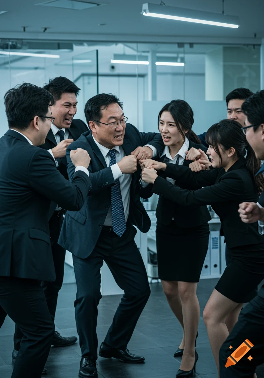 A group of businesspeople, with distorted faces, are engaged in a heated argument or playful fight in an office.