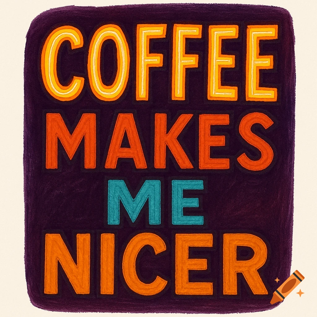 Stylized text on a dark purple textured background reads 'COFFEE MAKES ME NICER'. 'COFFEE' is bright orange and yellow, 'MAKES' and 'NICER' are orange, and 'ME' is blue.