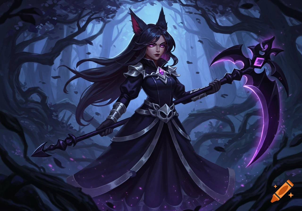 A dark fantasy illustration of a woman with cat ears, purple eyes, and a black armored dress, holding a glowing purple scythe in a dark forest.