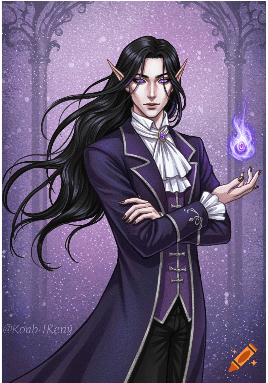 An elegant dark-haired fae character with pointed ears and glowing purple eyes, wearing a purple coat with a ruffled white shirt, holding a mystical purple flame. Watercolor style.