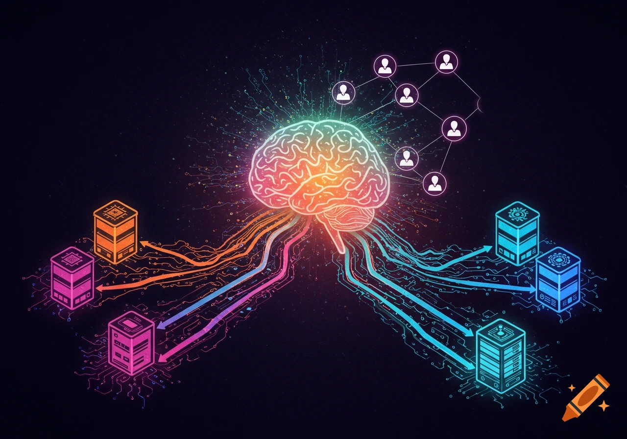 A glowing, colorful brain connects via circuit lines to data cubes and user icons, symbolizing AI data processing and networks.