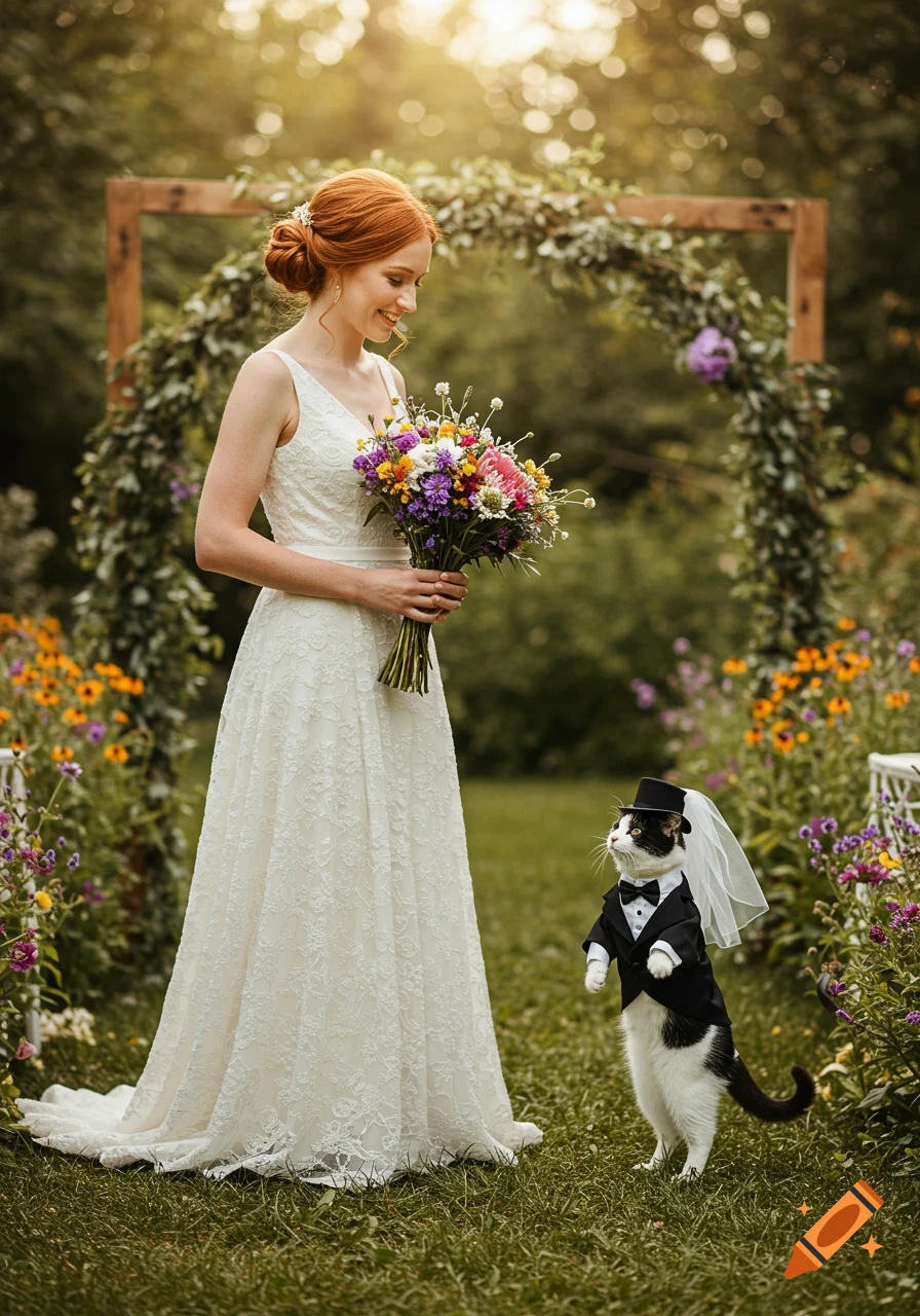A woman in a white wedding dress smiles at a tuxedo cat wearing a top hat and veil in an outdoor garden wedding setting.