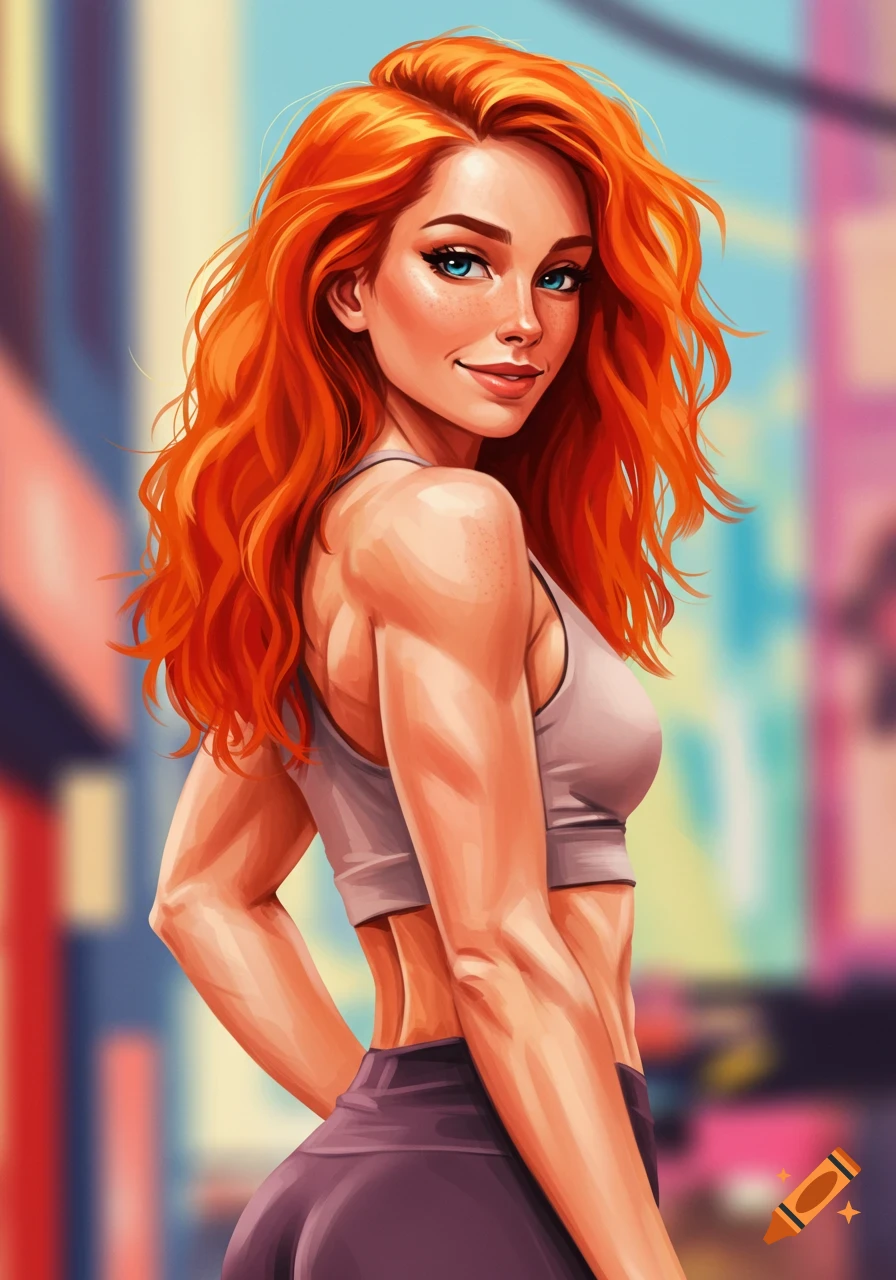 An illustration of a redheaded woman with an athletic build, wearing a sports bra and leggings, looking over her shoulder.