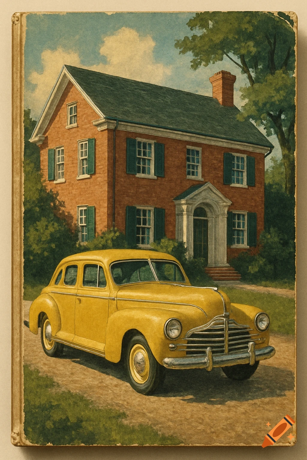 A vintage book cover illustration depicting a yellow car parked on a dirt path in front of a red brick house with green shutters.