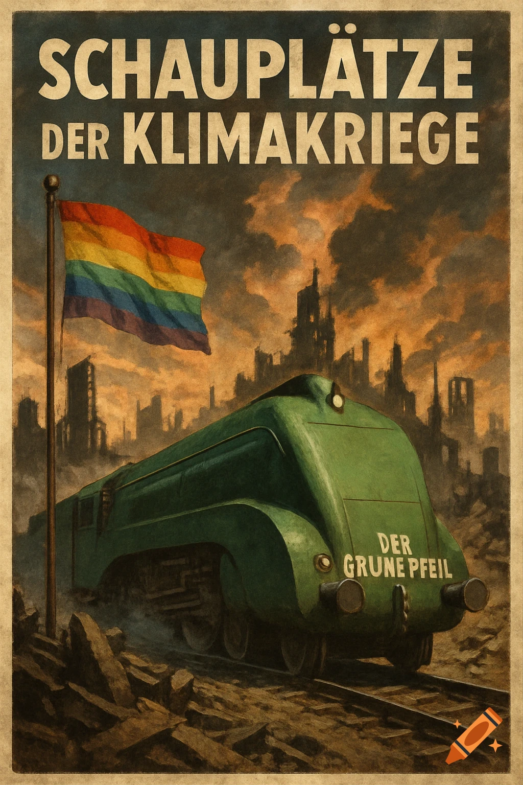 A dystopian propaganda poster-style image shows a green train, 'DER GRÜNE PFEIL', on tracks in a ruined city under a dramatic sky, with a rainbow flag on a pole.