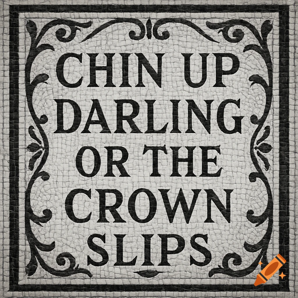 Black and white mosaic tile with the quote 'Chin Up Darling Or The Crown Slips' surrounded by a decorative border.