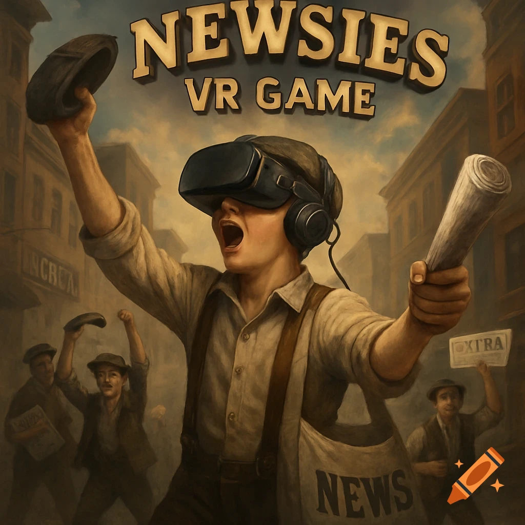 An oil painting depicts a newsboy wearing a VR headset, holding a hat and newspaper, shouting in a busy street with other newsies. Text: 'Newsies VR Game'.