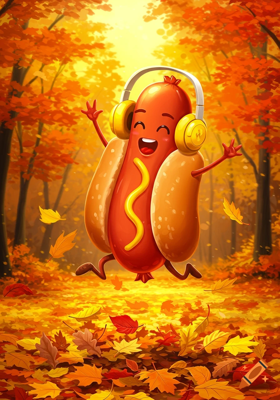 A happy cartoon hotdog wearing headphones jumps amidst vibrant red and orange autumn leaves in a forest.
