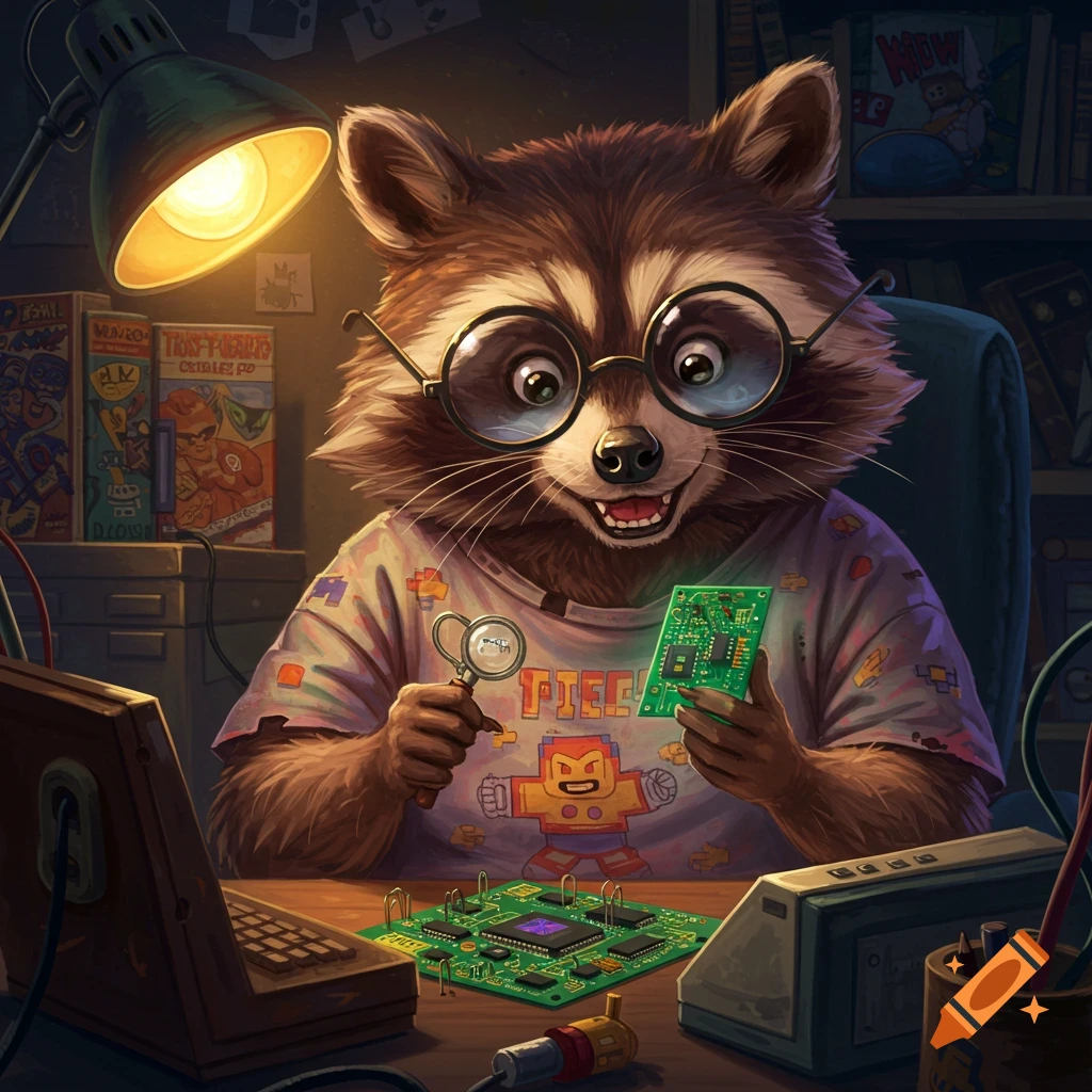 A cute, geeky raccoon wearing glasses works on electronic circuit boards at a desk with a laptop and lamp.