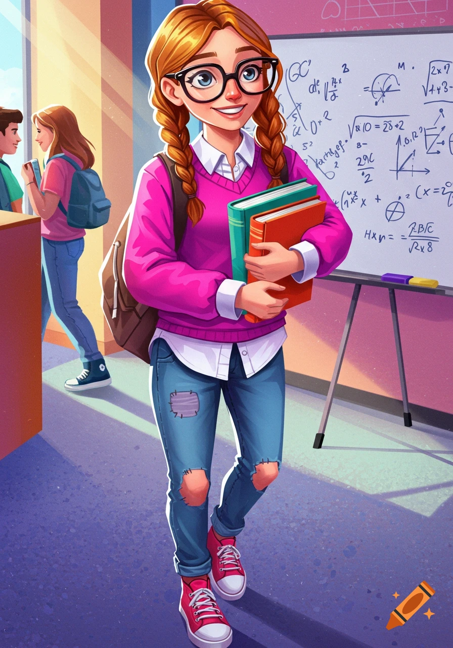 Cartoon illustration of a smiling, red-haired young woman with glasses and pigtails, wearing a pink sweater and ripped jeans, holding books in a school hallway.