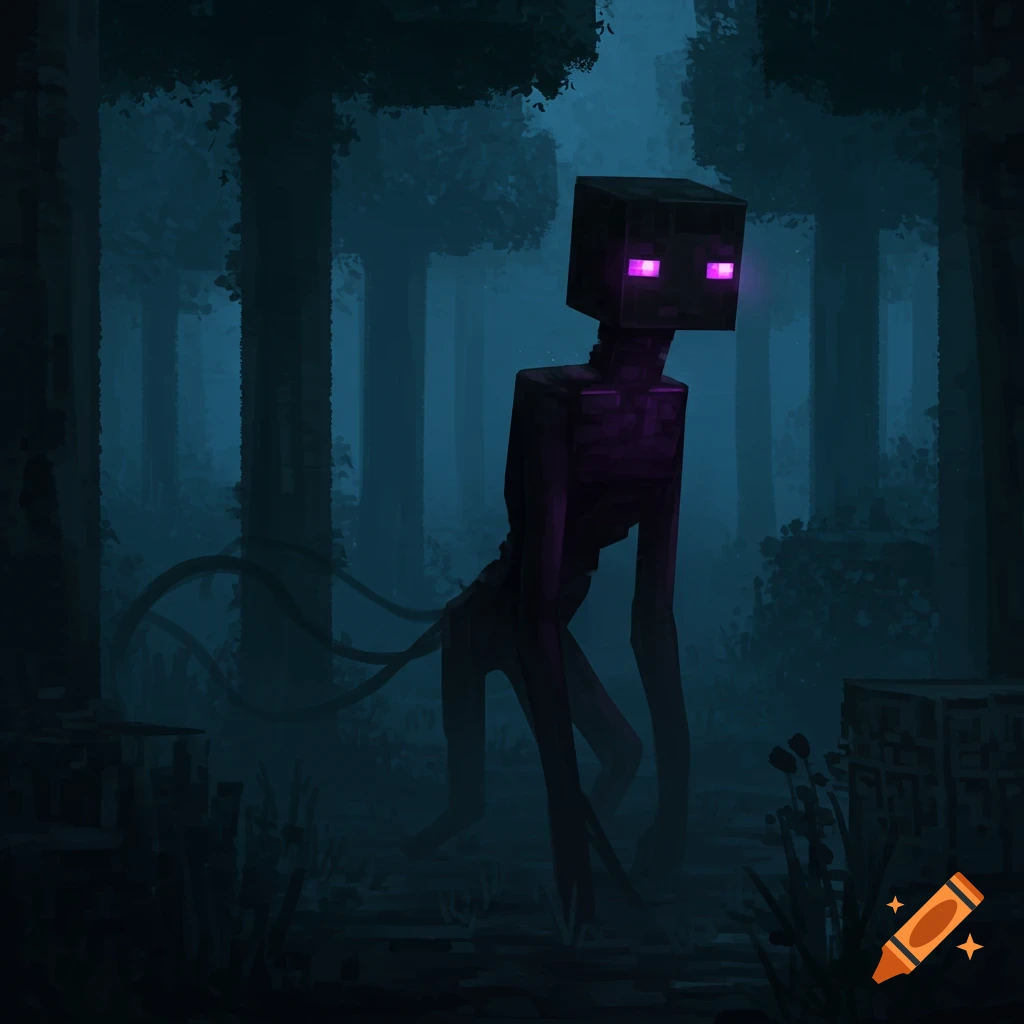 An Enderman from Minecraft with glowing purple eyes stands in a dark, misty forest, rendered in a stylized, painterly way.