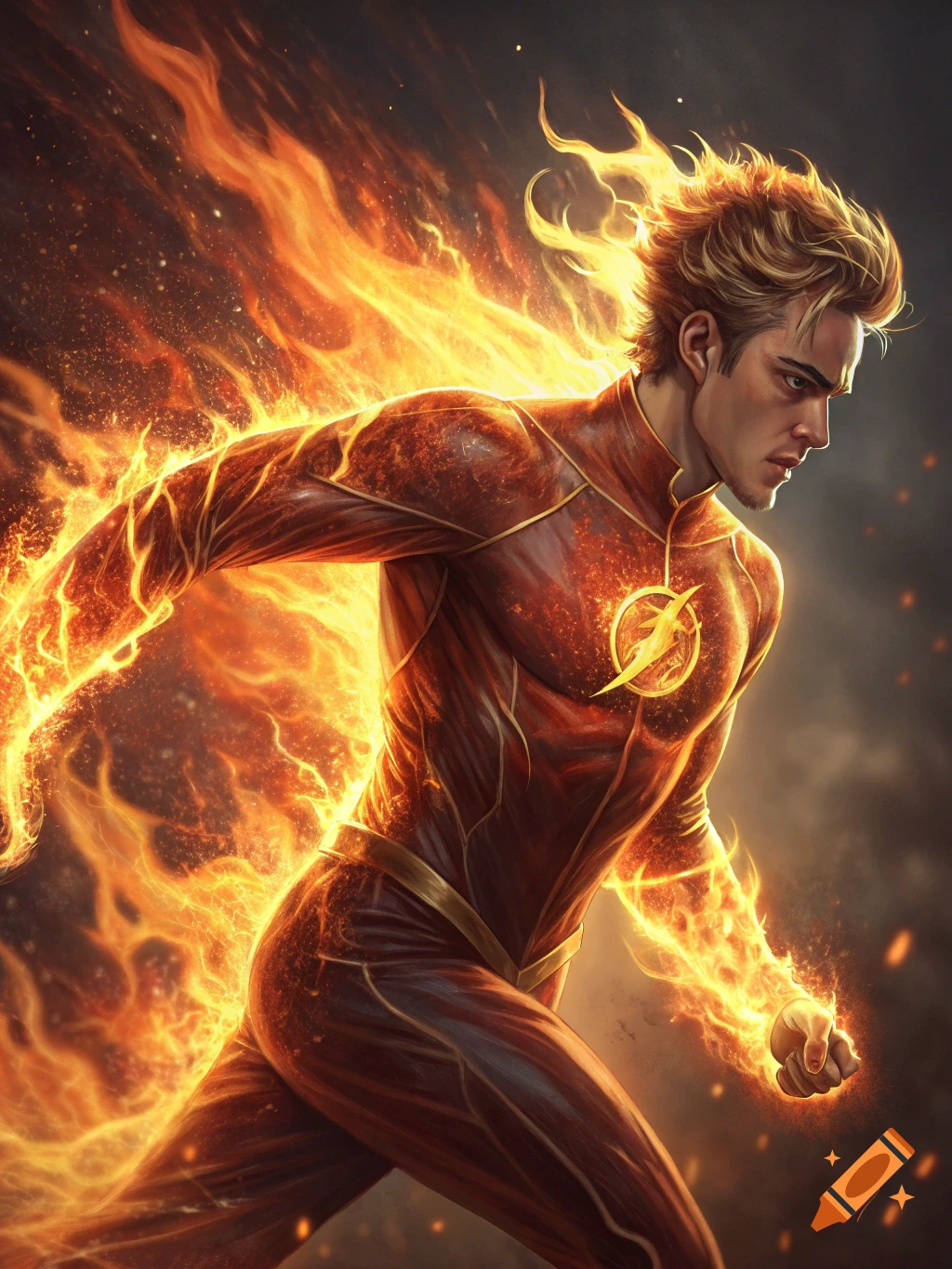 Dacre Montgomery as a superhero engulfed in vibrant orange flames, running forward in a dark red and gold suit with a lightning bolt emblem.