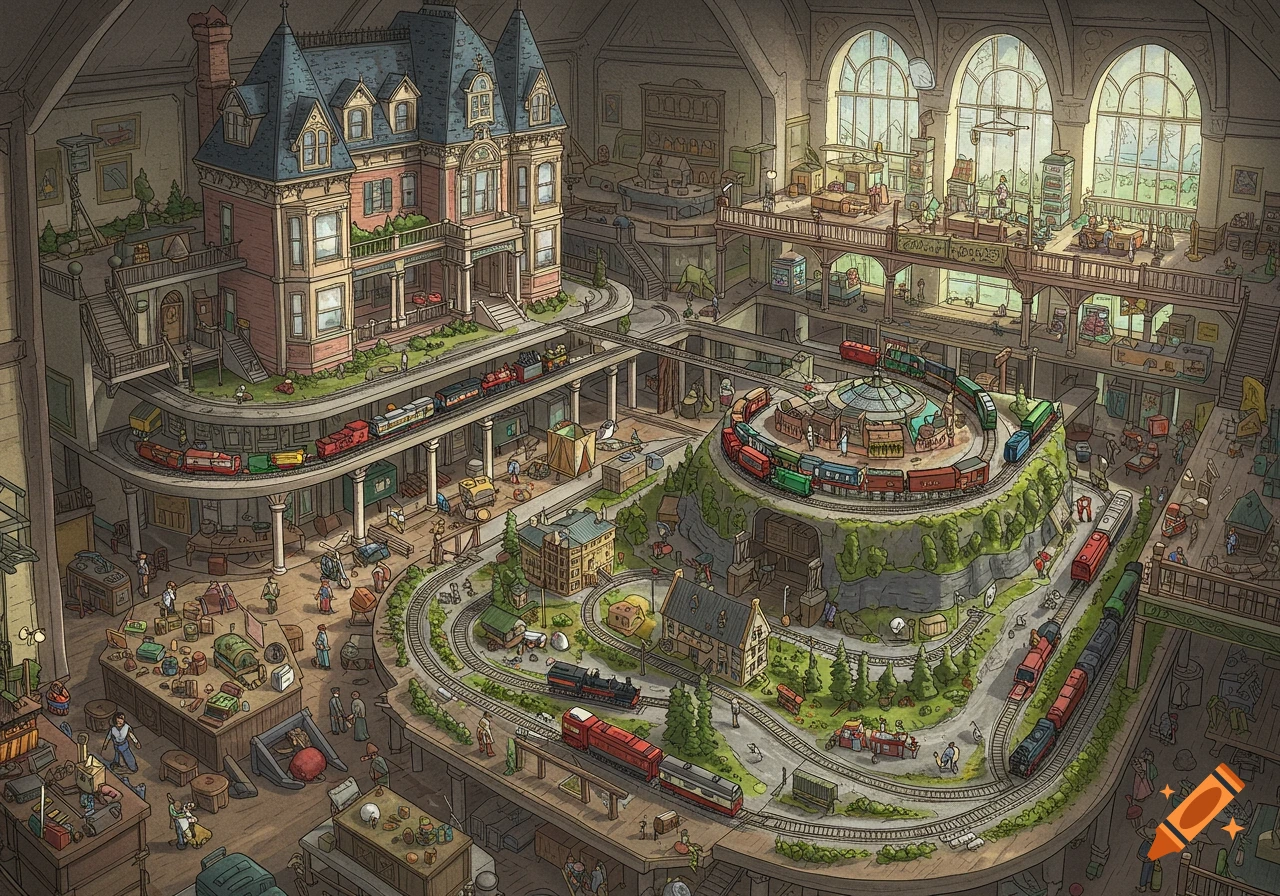 An intricate, detailed illustration of a large Victorian-style house filled with a sprawling, multi-level model railroad setup, complete with miniature trains, landscapes, and tiny people observing or working on the display.