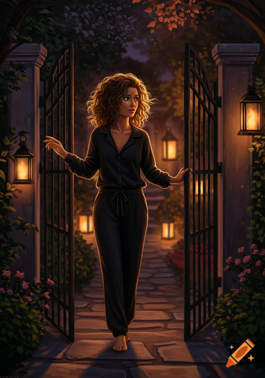 Stylized illustration of a woman in black lounge clothes opening a garden gate at dusk, surrounded by glowing lanterns and foliage.