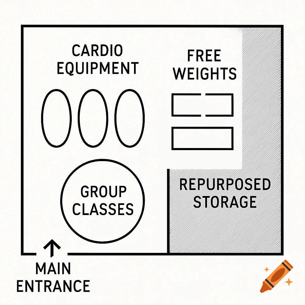 Black and white diagram showing a gym floor plan with sections for cardio equipment, free weights, group classes, and repurposed storage, with a main entrance.