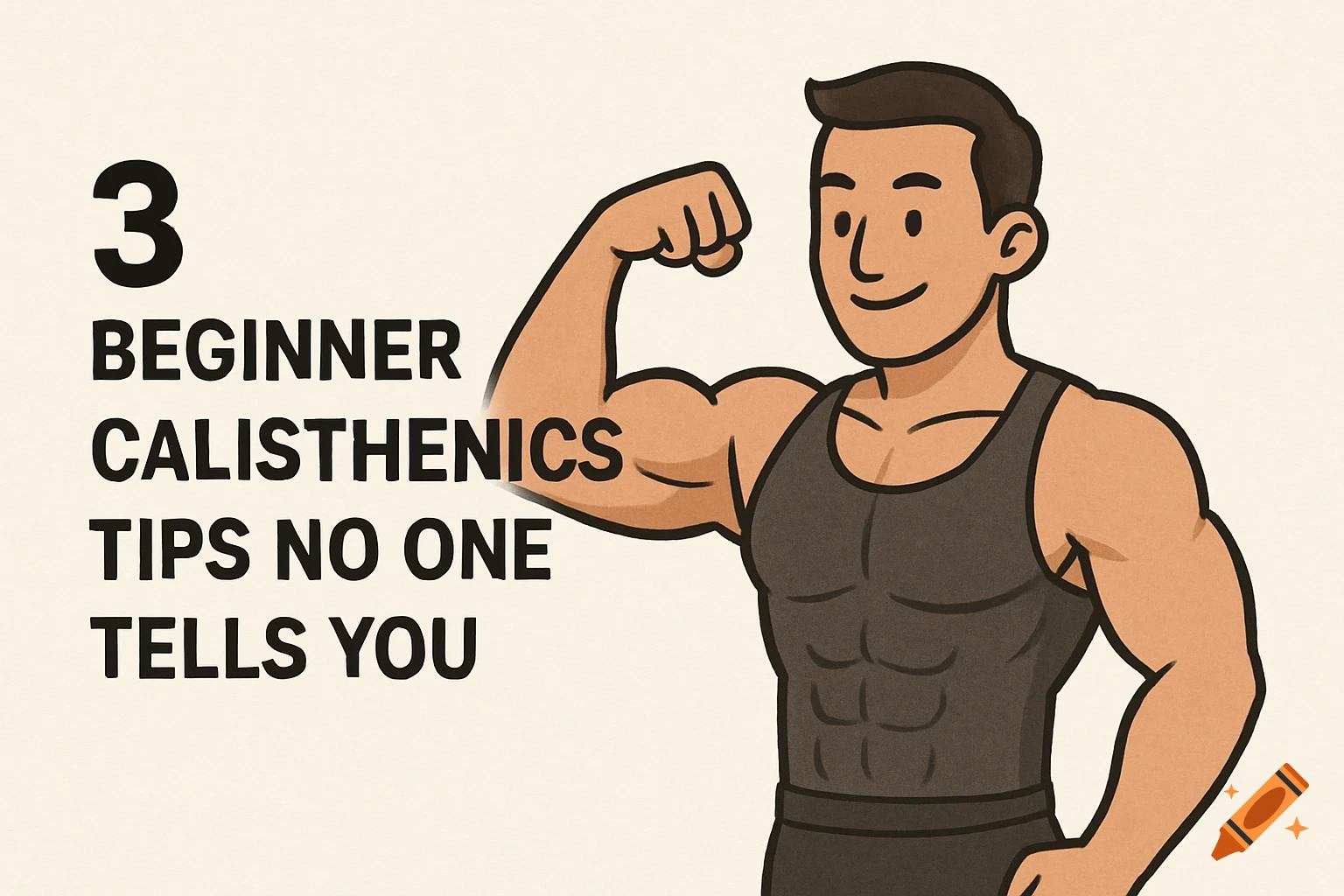 Cartoon illustration of a muscular man flexing in a tank top next to text '3 Beginner Calisthenics Tips No One Tells You'.
