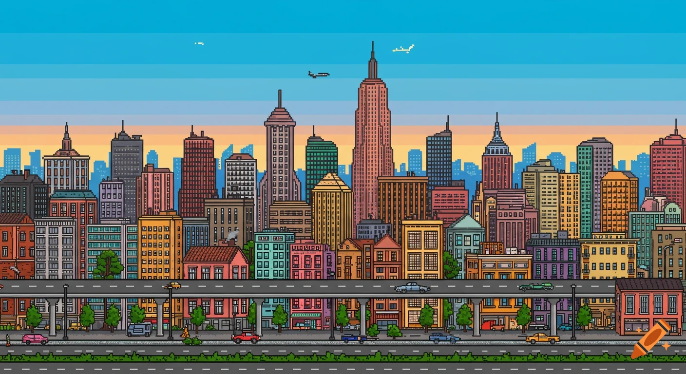 A colorful pixel art city skyline features tall buildings, an elevated highway with cars, and a plane flying in the distance.