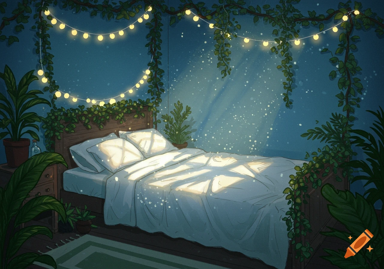 A cozy bedroom with a bed, vines, and fairy lights, with sunlight shining through a window onto the bed.