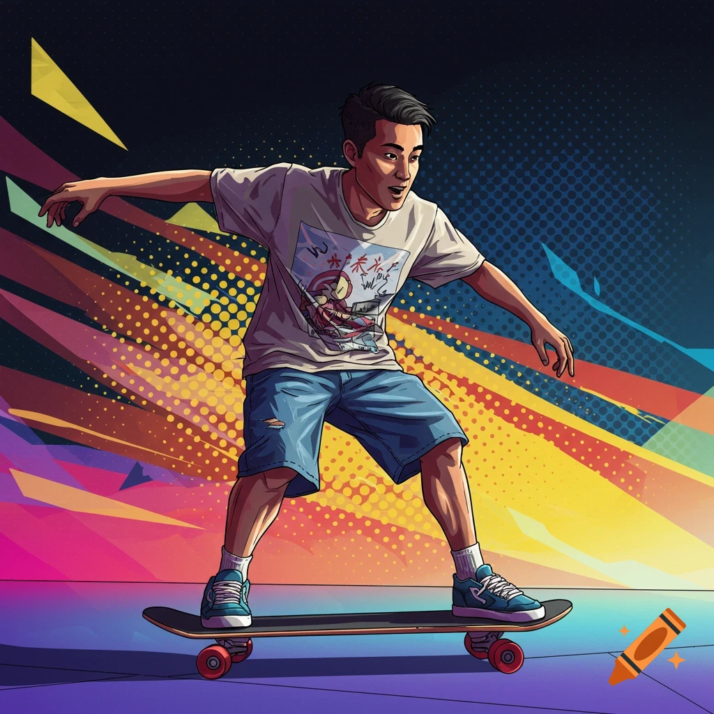 A person on a skateboard against a colorful, pop art background with comic book style art.