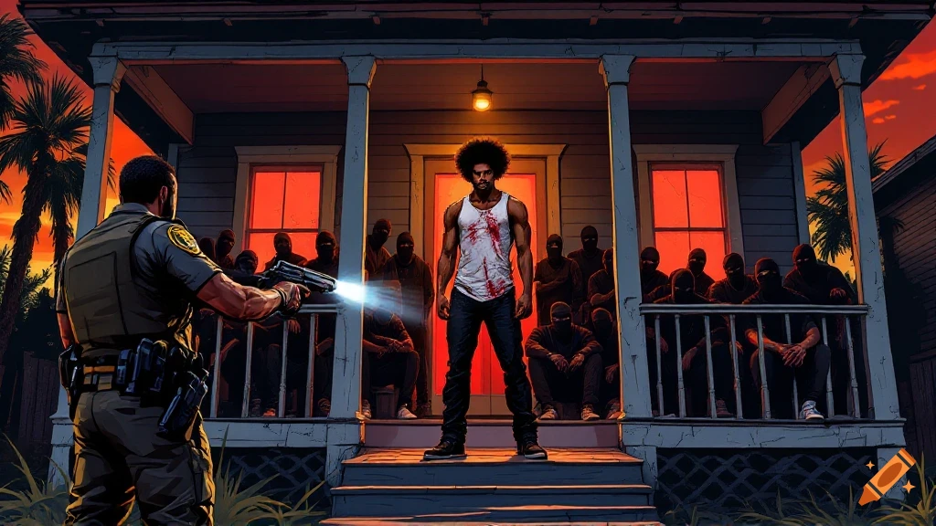 A stylized digital illustration of a tense standoff in front of a run-down house at sunset, featuring a police officer pointing a gun at a bloodied man on the porch surrounded by masked figures.